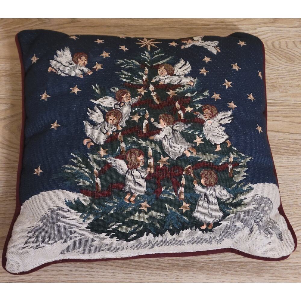 VTG Newport Tapestry Square Christmas Pillow Angels Classic Victorian 16" Decor